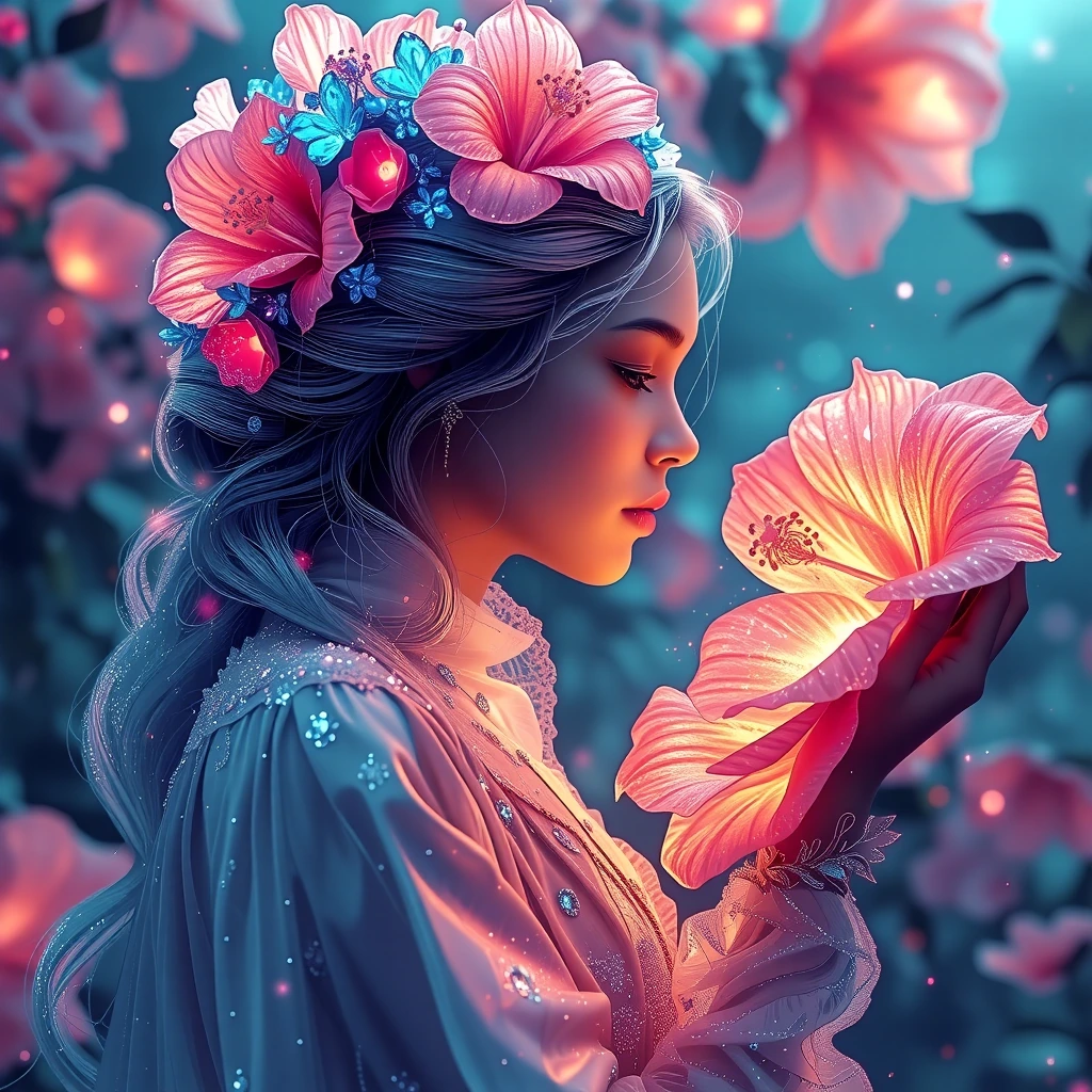 Uma fada etérea de beleza surreal, vista de perfil, com pele clara luminosa, cabelos loiros claros presos em um coque elegante adornado com flores azuis cristalinas. Ela tem asas gigantes translúcidas iridescentes em tons de azul, roxo e dourado com 