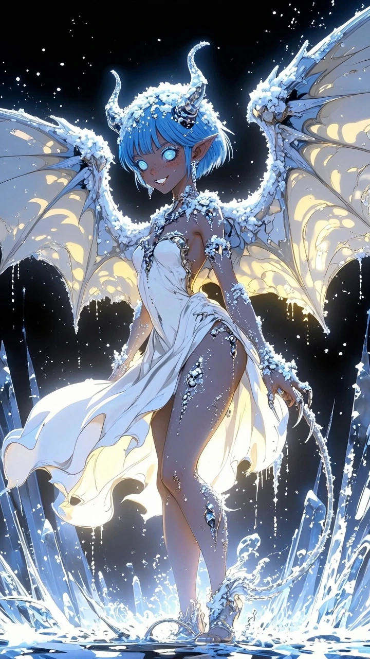 Petite demon girl with delicate pointed features, ice blue round eyes glowing ethereally, small upturned nose, full lips curved in mischievous smile, short blue hair with supernatural ice, short crystal horns radiating snow flurries, long thin whippi