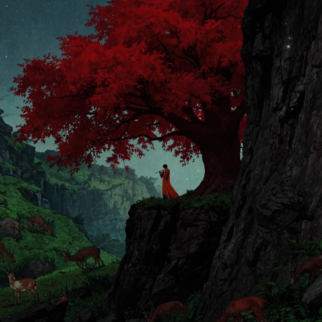 Create a fantastical, serene landscape featuring a silhouetted figure in a long orange garment playing a flute. The figure is positioned beneath a massive tree with deep red foliage, framed by a dark, rugged cliff face and a lush, verdant embankment.