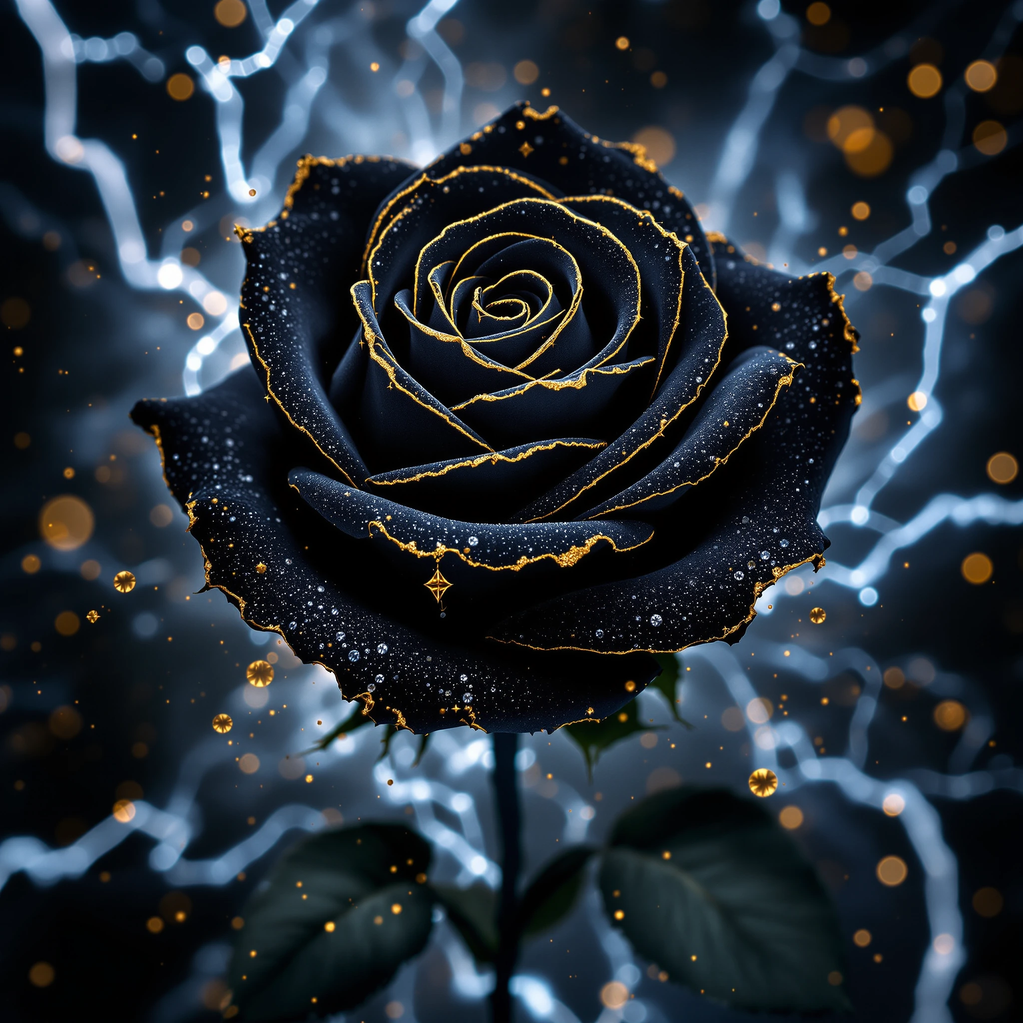 Black Rose with petals trimmed in gold outline dusted with diamond dust. Electrical swirl storm background