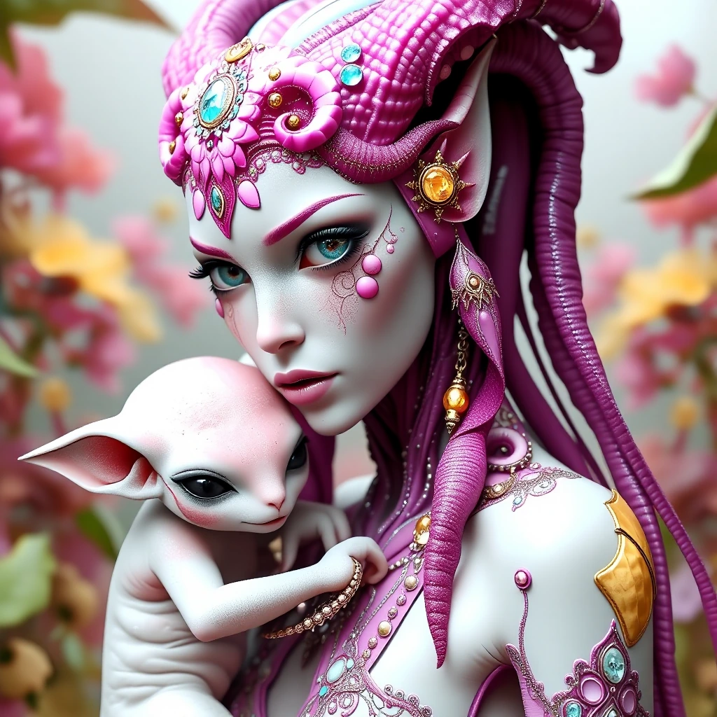 aliencore, pastel woman alien with a pastel alien animal