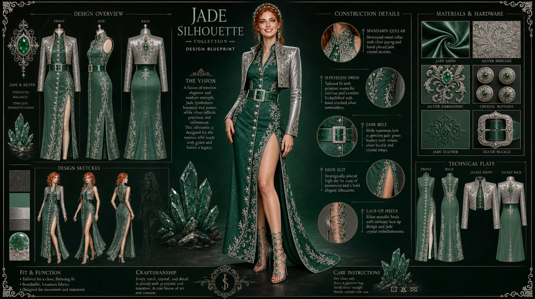 Luxury Fashion Blueprint: A Luxurious Fashion Poster showing the design and construction methods of the outfit as well as a central model displaying the outfit. The design and construction images should conform to the outfit the model is wearing. The