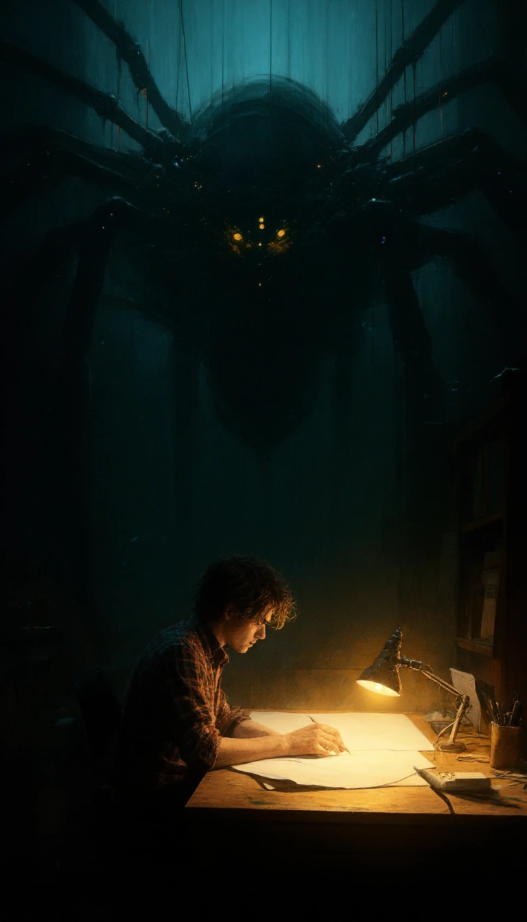 A moody, atmospheric oil painting with an expressive, textured style. In a small, dimly lit corner of a room, a solitary artist with messy brown hair and a plaid shirt is seated at a wooden desk, deeply focused on a piece of paper. He is illuminated 
