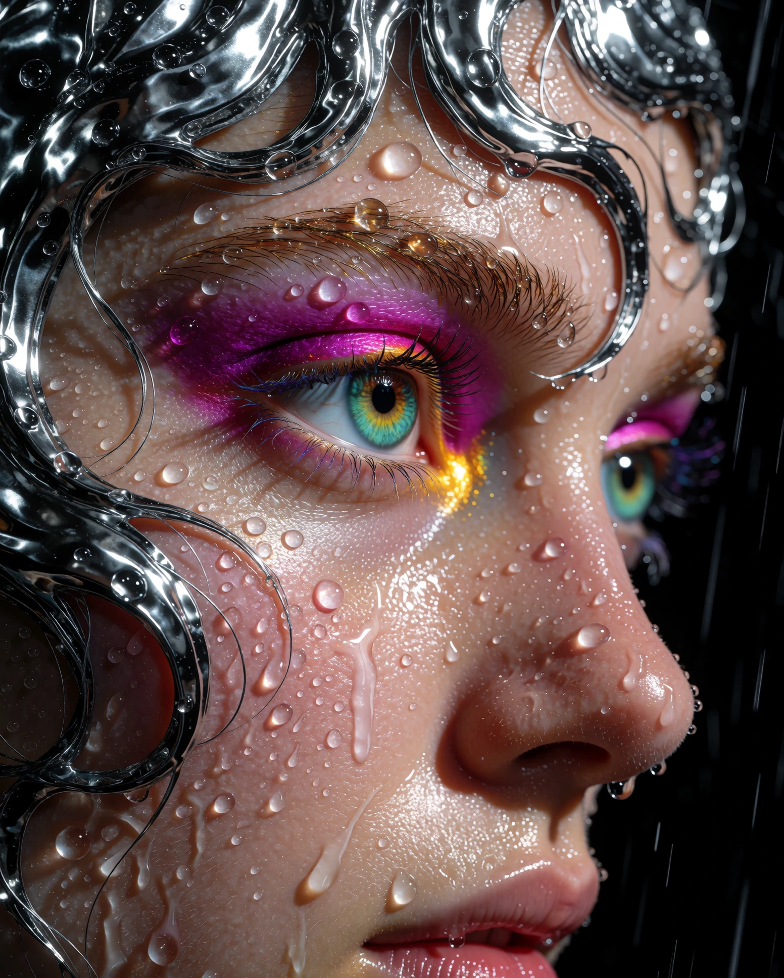 Closeup of a face in profile during a downpour, but every raindrop on the skin is a tiny open eye, each iris a different saturated color teal, amber, 