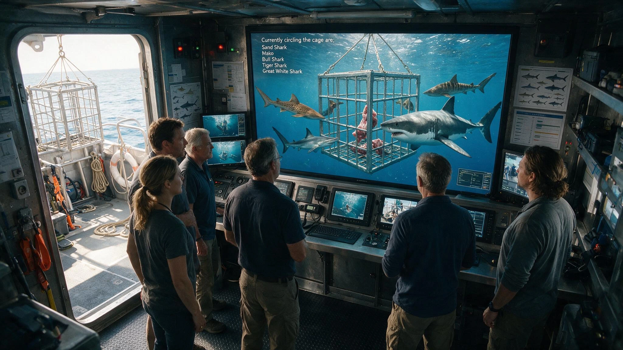 Ship cabin with scientists watching monitors as an underwater cage loaded with hanging meat attracts various different sharks. The purpose is to test the strength of the cage. The large monitor in the centre of the image shows; Currently circling the