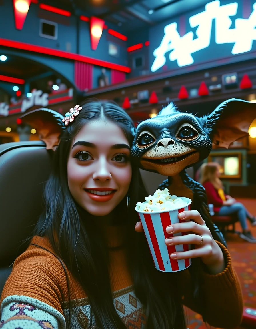 cute girl taking a candid selfie with Gizmo the gremlin in while eating popcorn in the cinema
