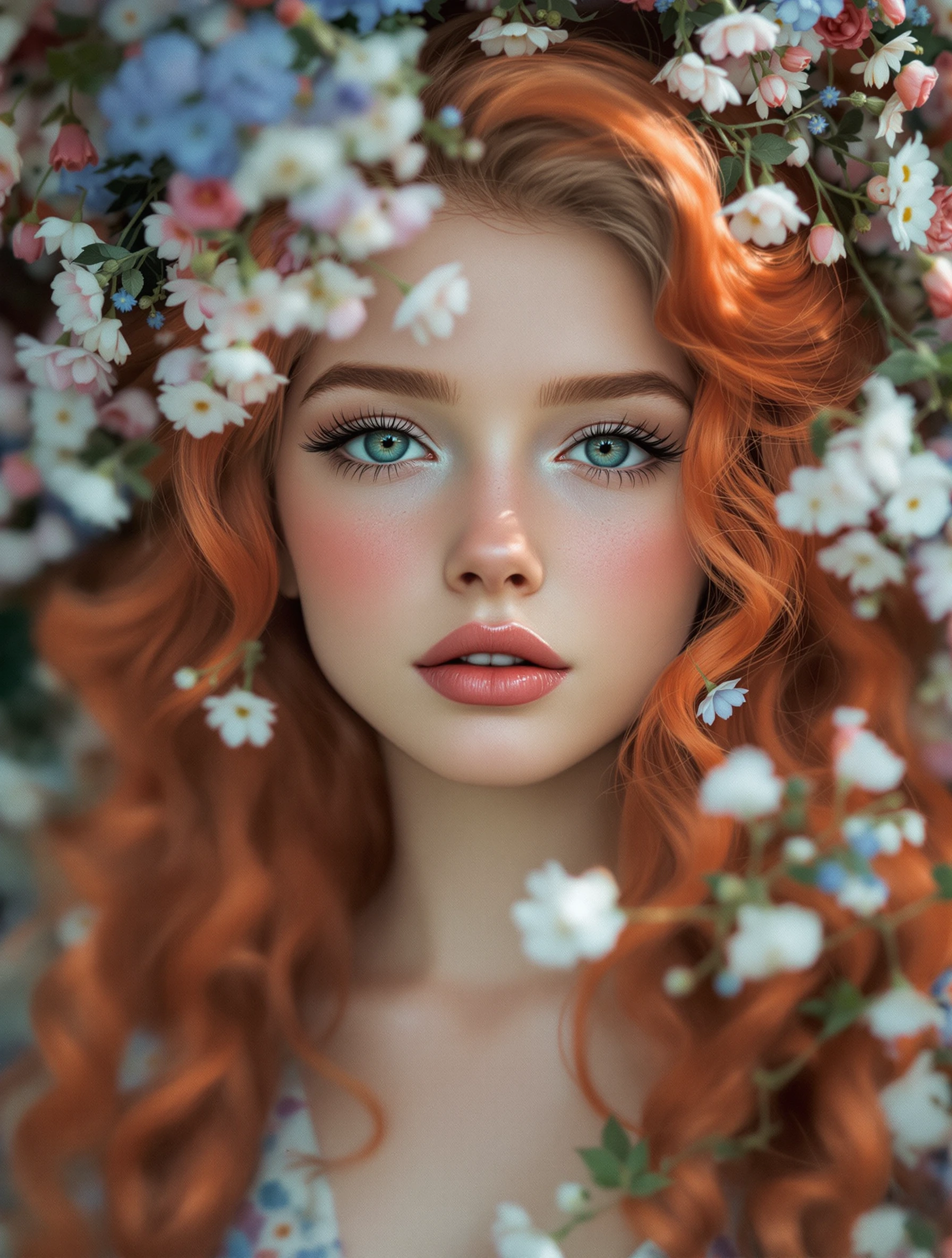 Strawberry hair piled up beneath a cascade of fresh flowers enhanced a complexion of snow and country roses, while the girl’s small pert nose was plac