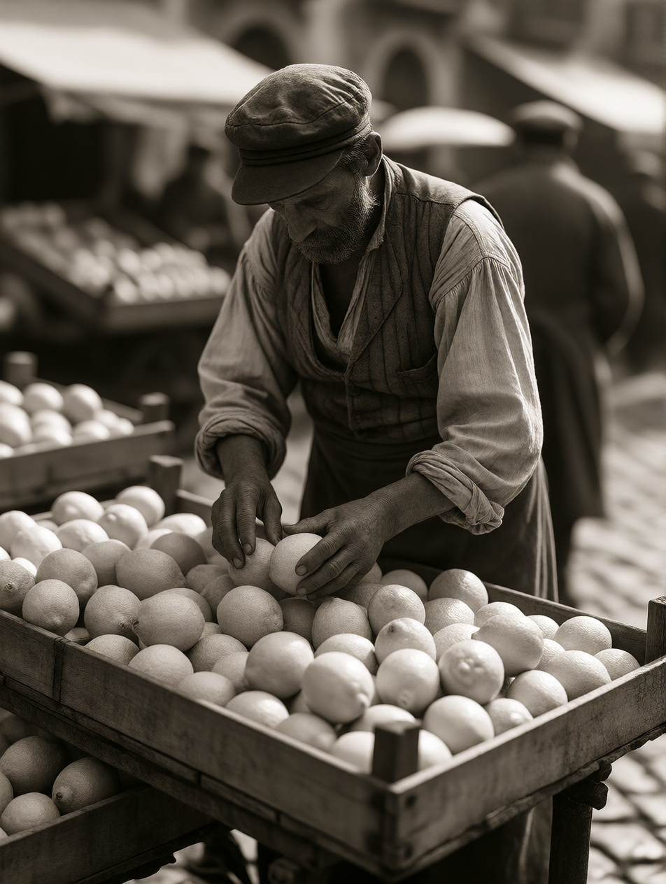 naples, 1910. a street vendor arranges fresh lemons in a woo…