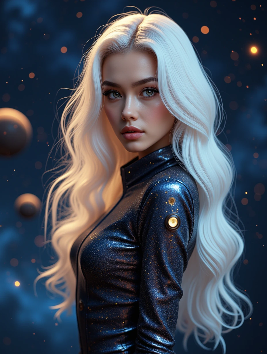 Beautiful woman, long platinum luminous hair, in a sleek, futuristic jumpsuit, galaxy and stars, gold specks, iridescent, sparkles, otherworldly background, lights, planets, and stars