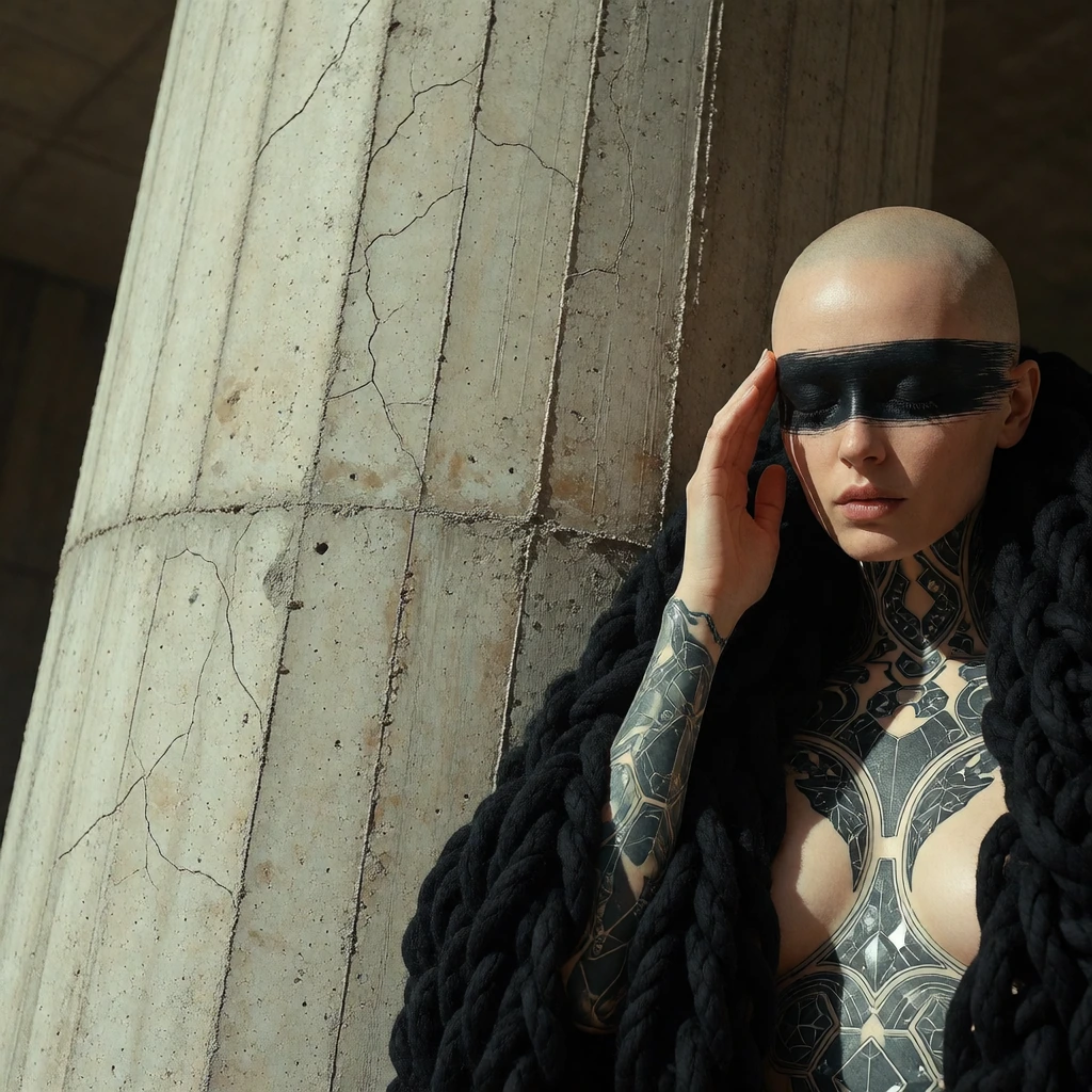 A striking photographic close-up framing a bald female figure from the chest up, positioned subtly in the right quadrant of the composition to create 