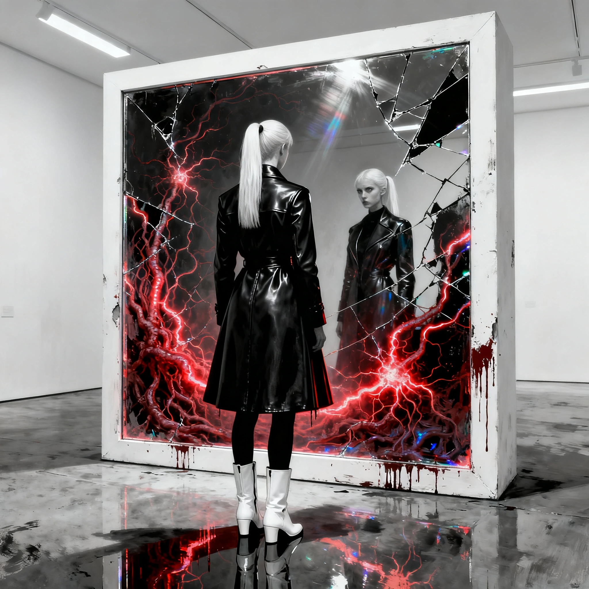 Detailed full-body photographic artwork from a low angle, showing a **pair of pale women** with waist-length platinum white hair, styled in a tight high ponytail, **wearing futuristic and immaculate black leather A-line coats with matching white boot