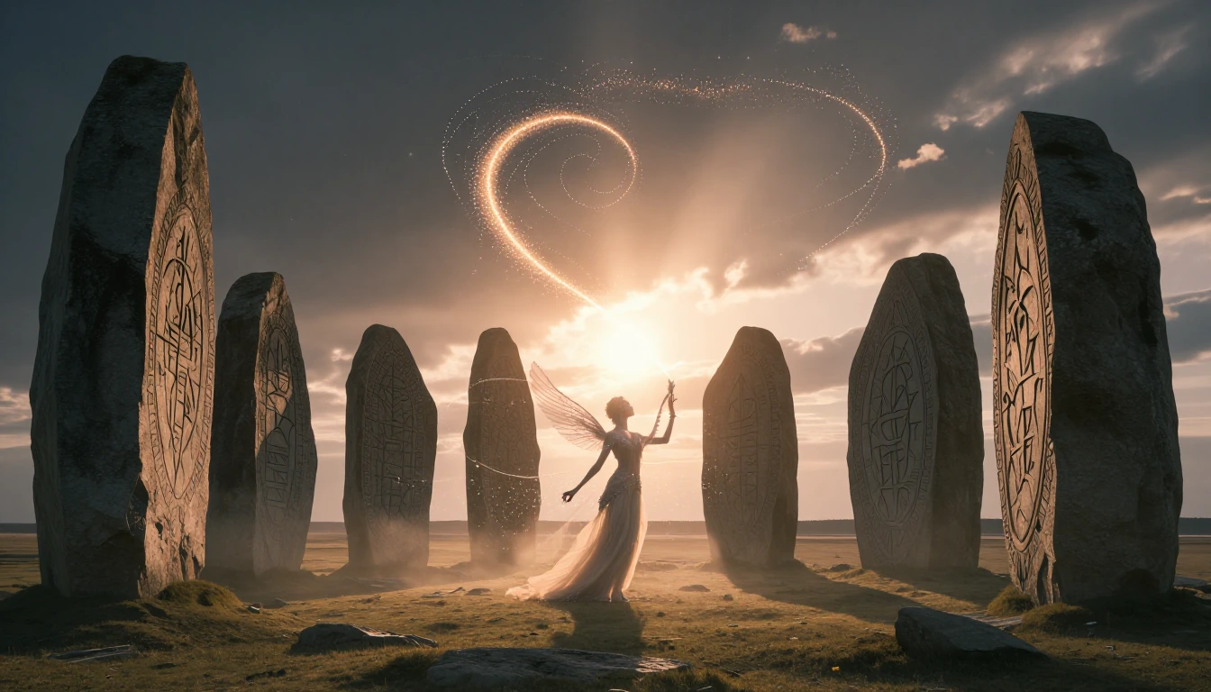 At Dawn on the Spring Equinox, an Ancient Rune inscribed circle of standing stones. At Dawn the Rising Sun is perfectly captured between two of the megalithic stones causing a lens flare. In the sunlight an Ethereal female winged spirit made from swi