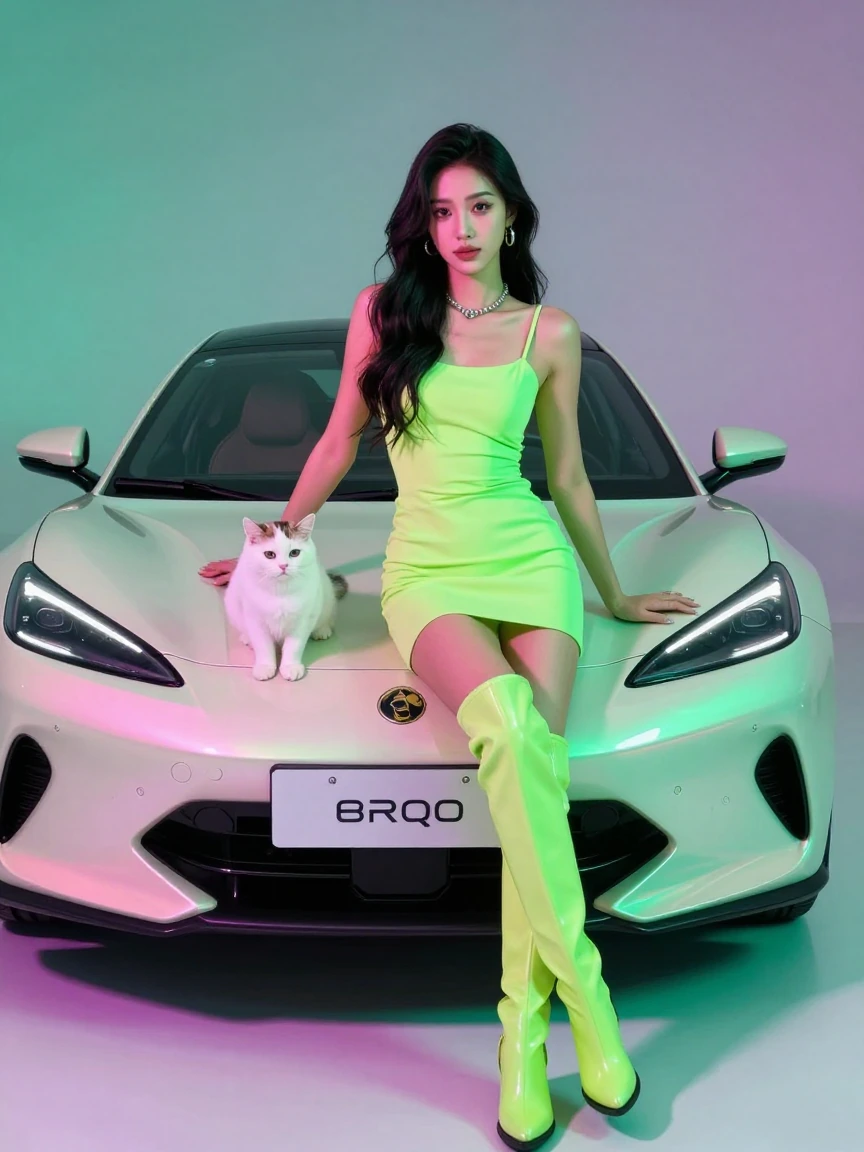 Neon, green and pink, iridescent, lotus car, beautiful model with her cat, minidress and thigh high boots