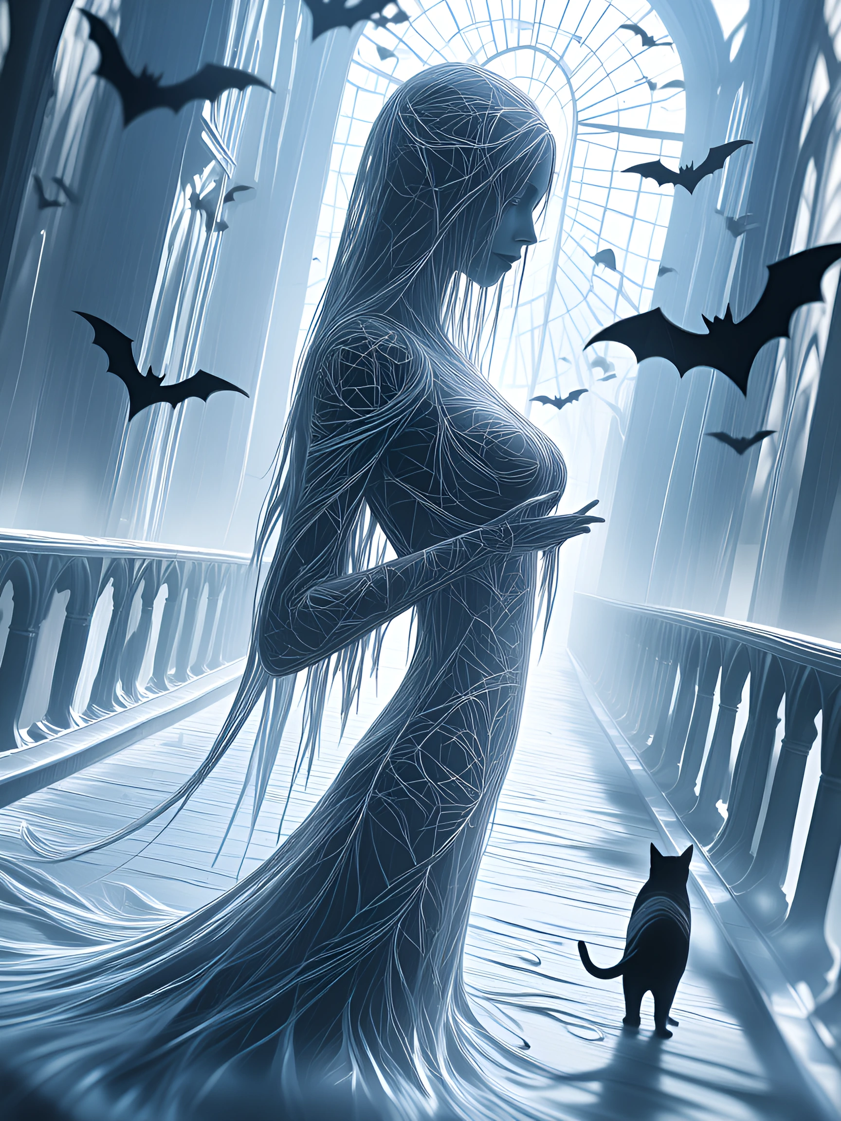 a bridge built entirely of held breath, ethereal, and mysterious, bats and ghosts, a cloaked woman closeup stands on the bridge with her cat
