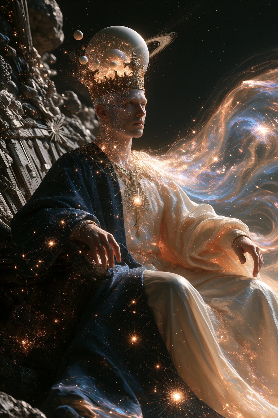 A regal figure seated on a throne made of crystallized dark matter and meteorite, wearing an ornate crown fashioned from interlocking planets and comets, robes that billow like solar winds with constellations embroidered in bioluminescent thread, ski