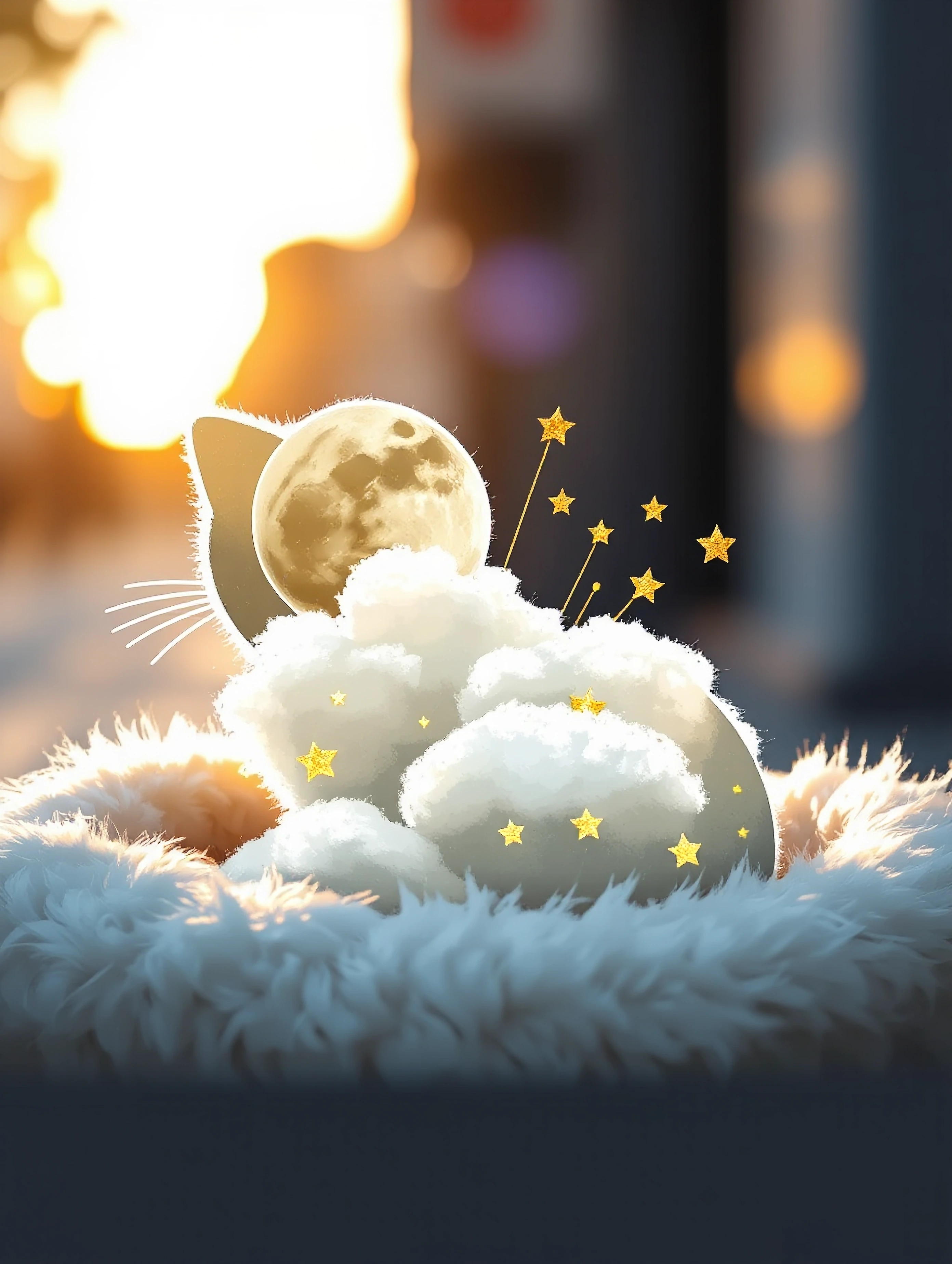 A simple minimalistic outline of a kitten featureless made from dreamy bokeh colorful paints that swoop and curve. The inner body is depicted as a Cre