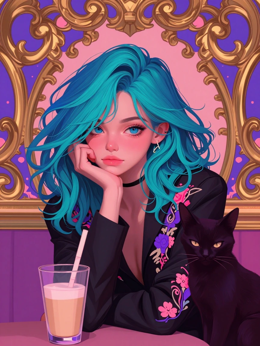 A striking illustration of a woman with flowing blue-teal hair sits pensively, chin resting on her hand. Her vibrant blue eyes gaze thoughtfully to th