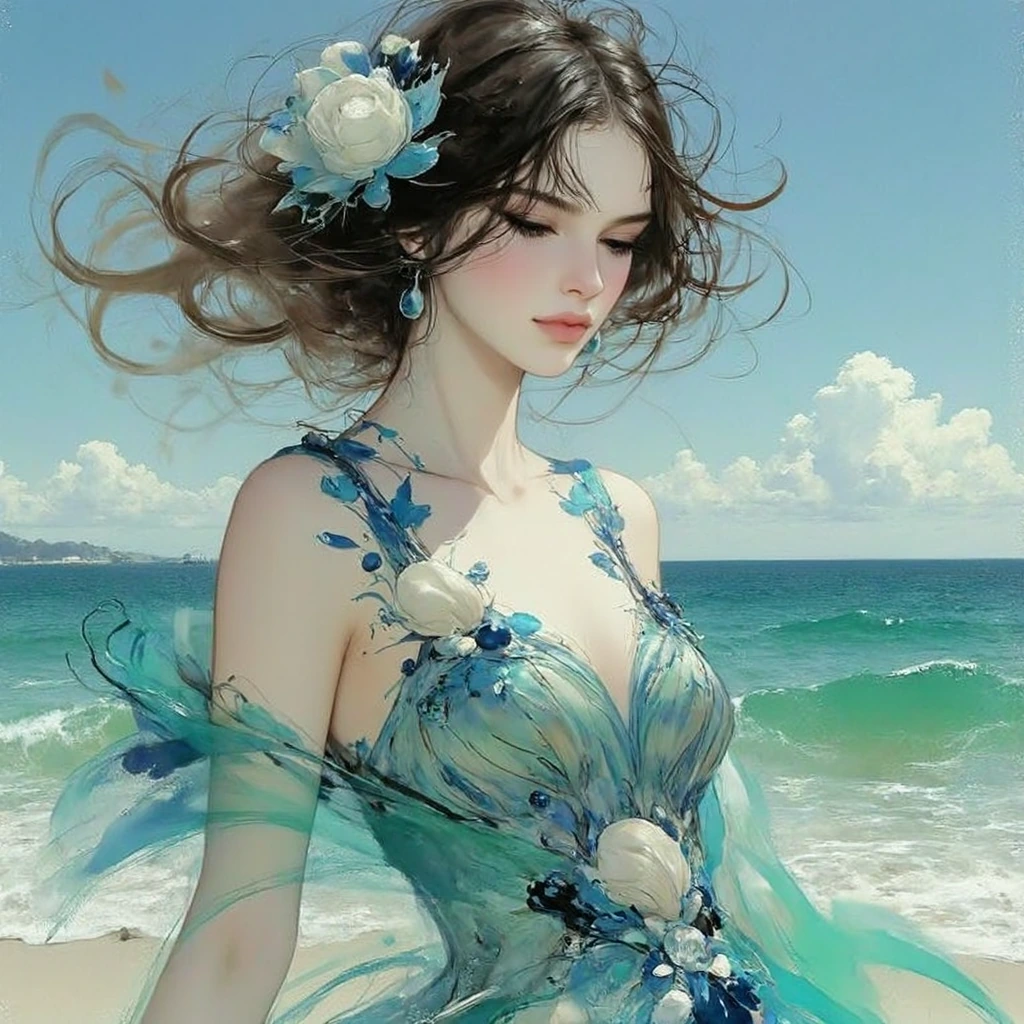 Portrait of. The windβ¦a wind blown gorgeous and magical brunette siren at sea covered in shells and barnacles on her dress fantasy art illustration vivid neon pastels