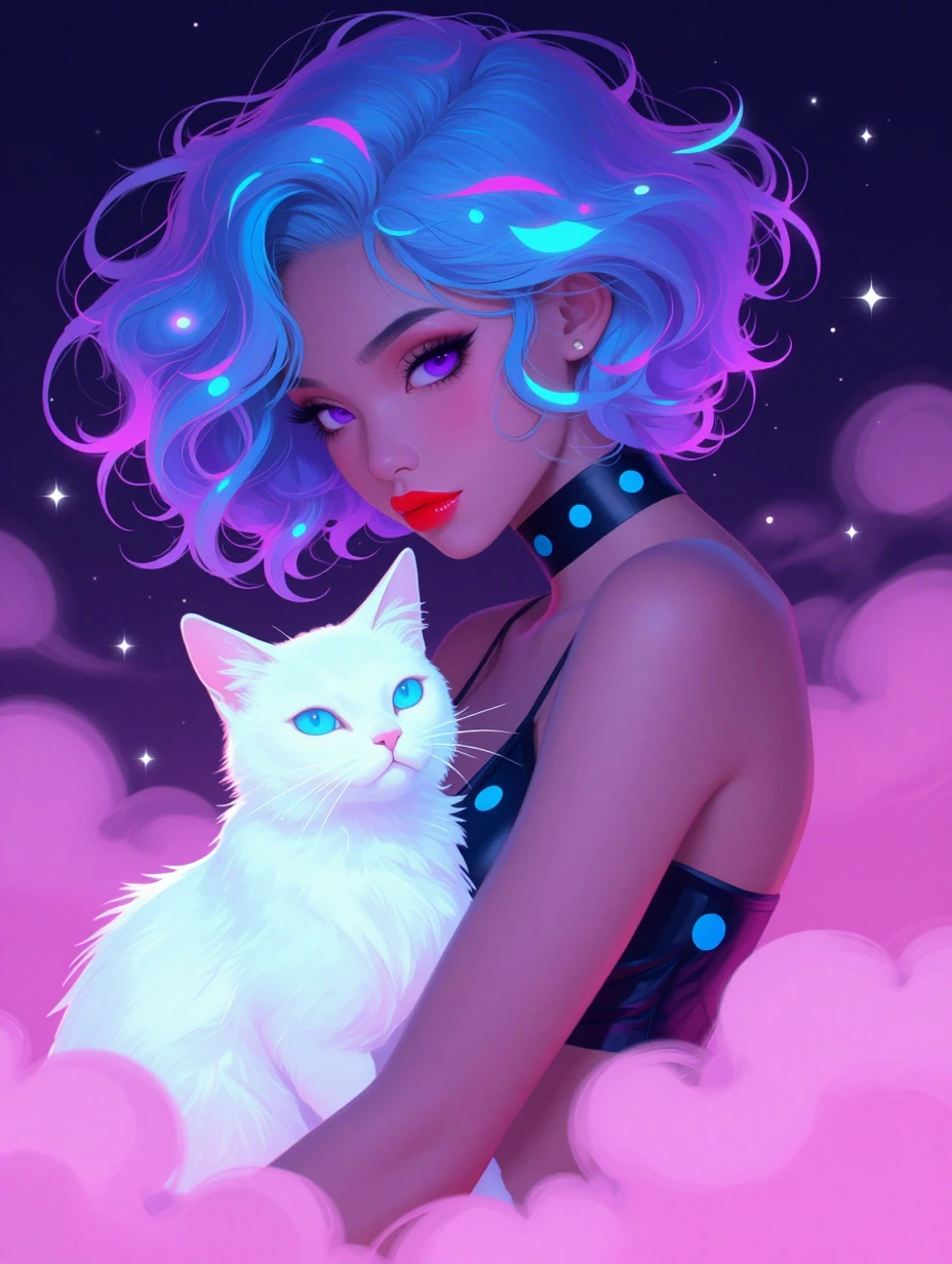 A striking digital illustration features a woman with voluminous blue-purple hair, adorned with neon light effects that glow cyan and magenta. Her violet eyes gaze downward with perfectly applied makeup and bold red lips. She wears a black choker and