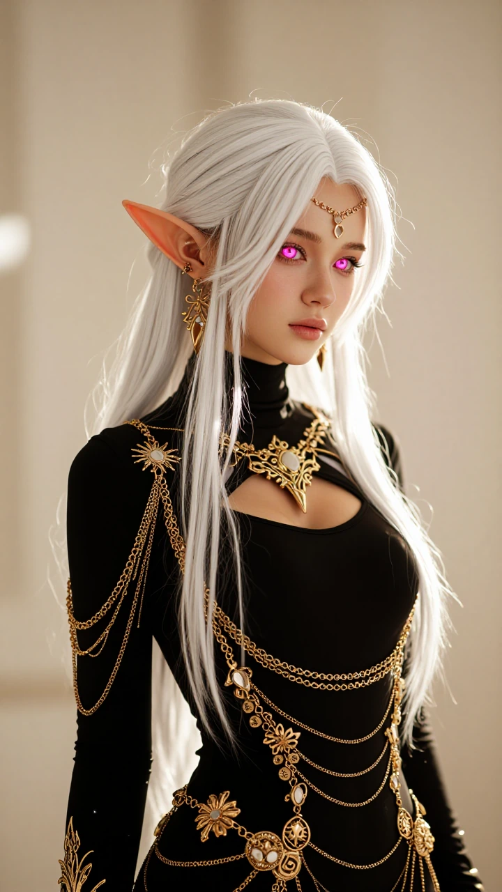 A regal high-fantasy elf character with pointed ears and long flowing white hair, luminous glowing pink eyes, elegant ethereal beauty, wearing a form-fitting black ceremonial armor outfit with intricate gold filigree ornaments, ornate gold chains dra