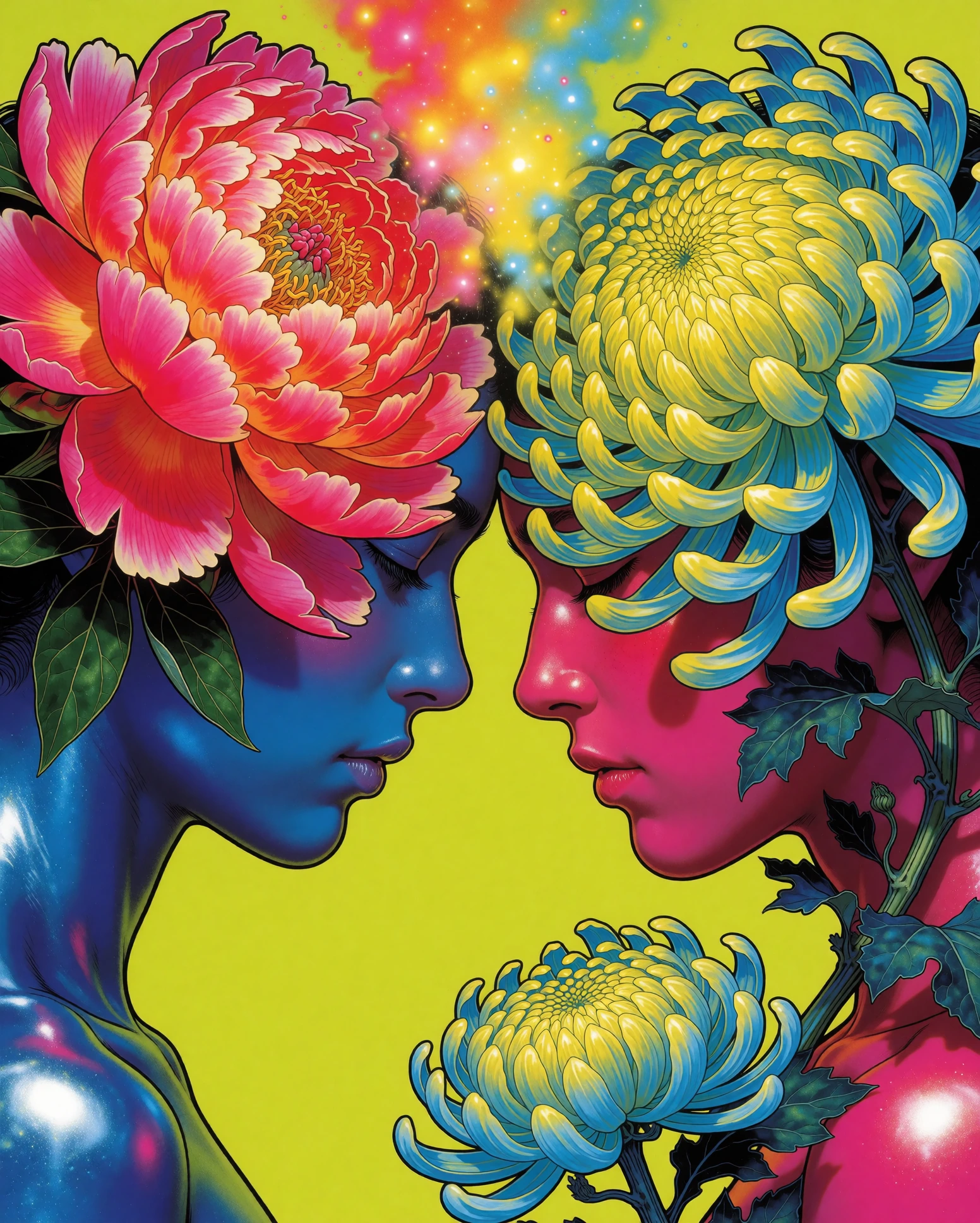Two human figures in profile facing each other, foreheads nearly touching, but each skull is a blooming flower one a peony in hot magenta and tangerine, the other a chrysanthemum in acid yellow and electric cyan and their petals have grown into each 