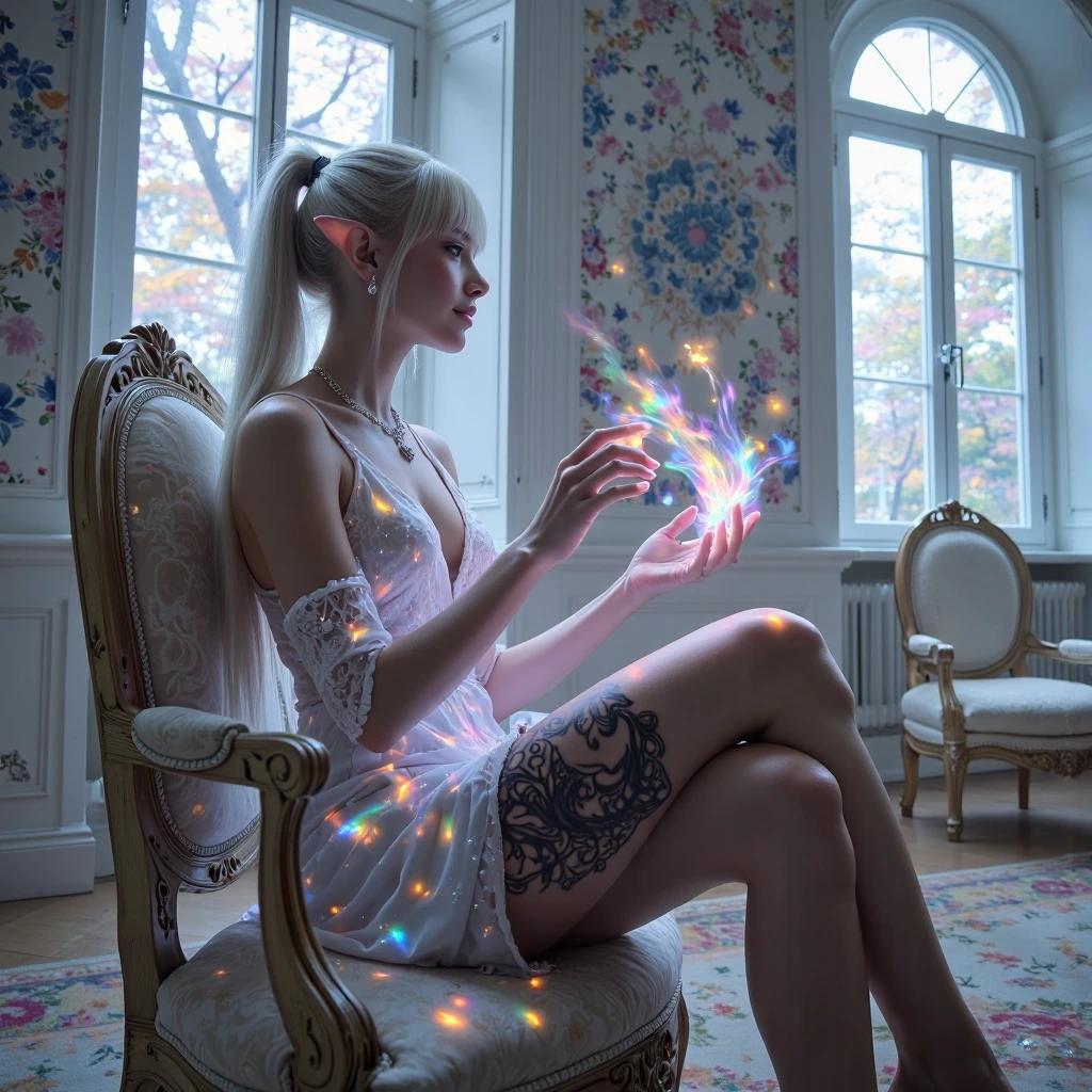 Hyper-realistic portrait, low angle shot from below, ,side shot, a high-resolution, realistic fantasy image of a ethereal young female elf in profile 