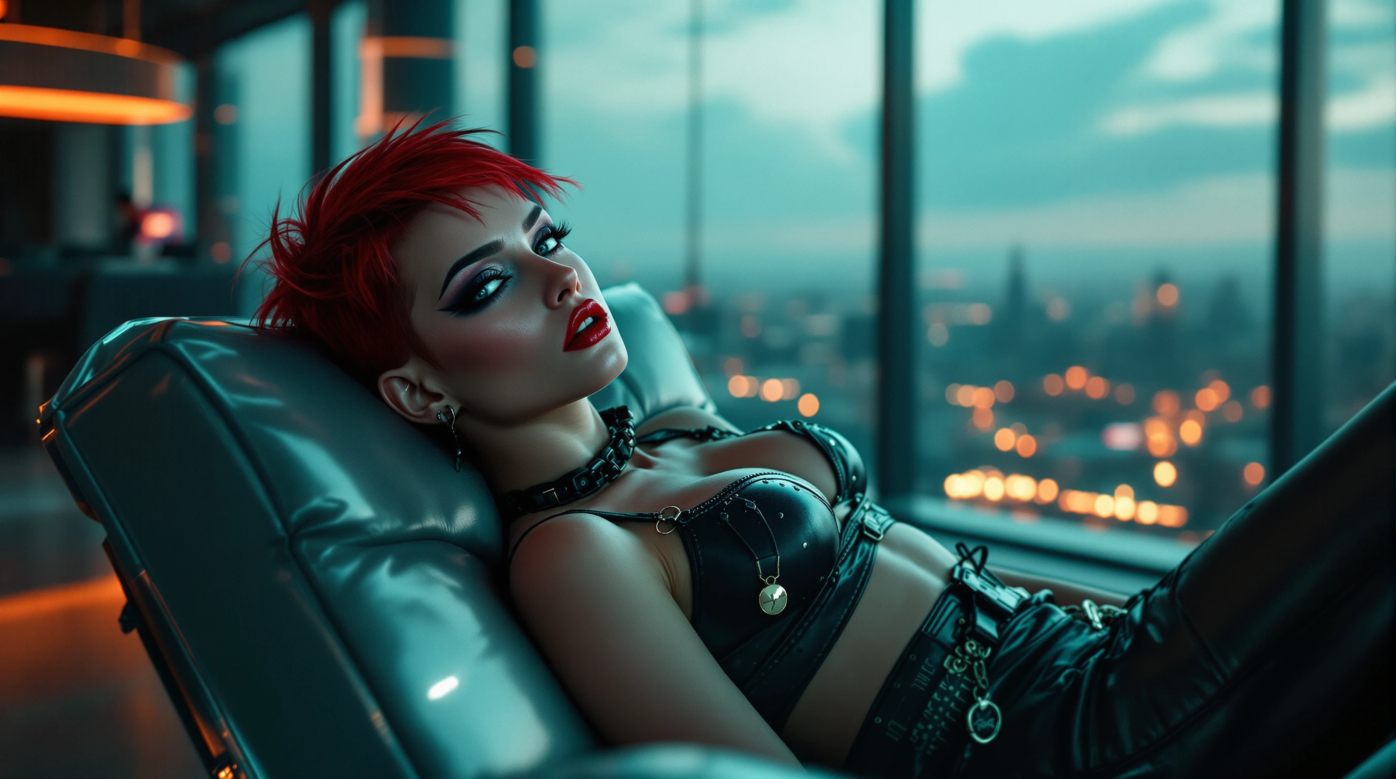 Dark Metallic makeup, crimson lipstick, multiple piercings, blue eyed, Redhead Pixie Hairstyle, Punk Girl reclining on a glass sofa in a luxury high tech financial office, (she is completely out of place)