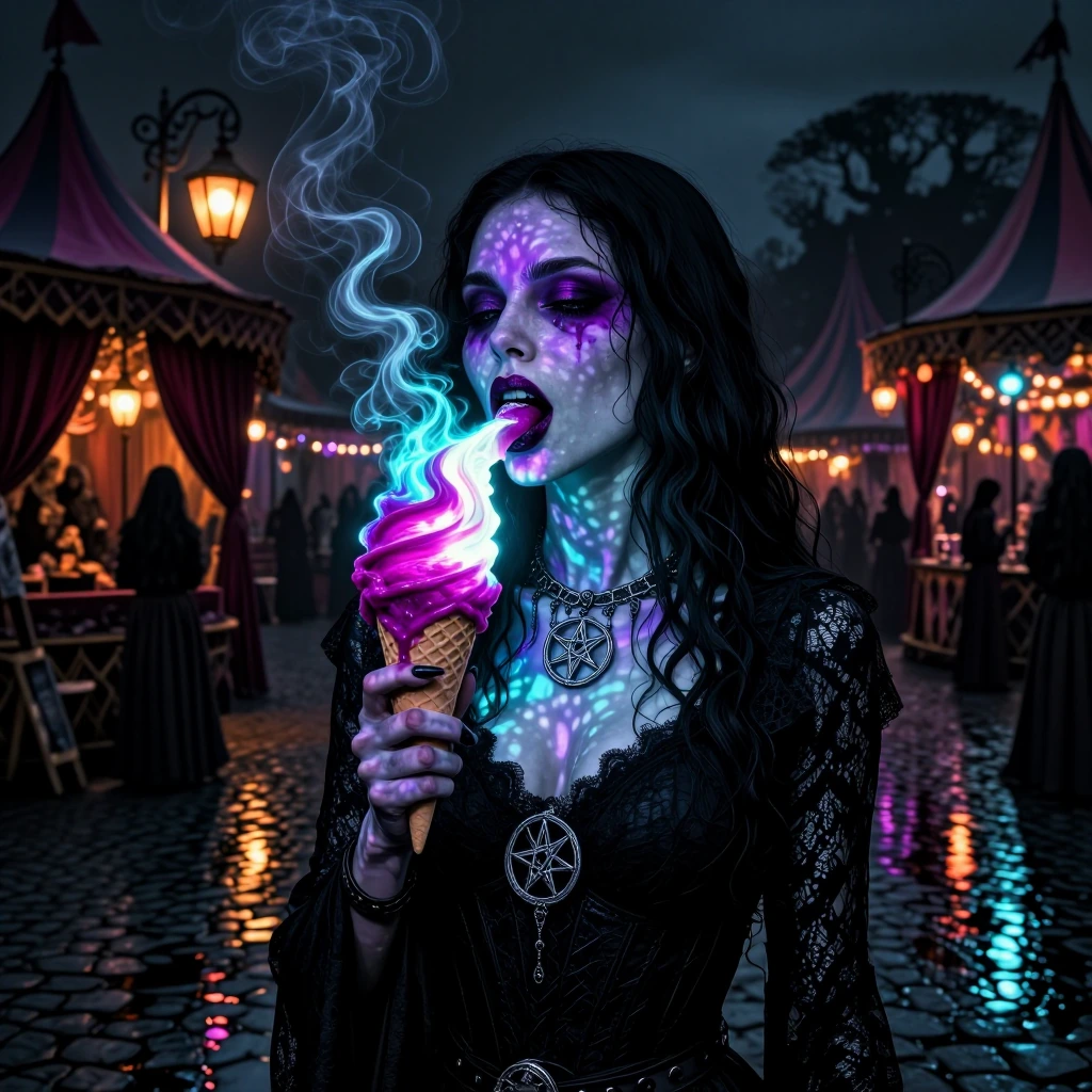 Capture a striking goth girl standing at a shadowy gypsy fairground at night, holding a supernatural ice cream cone that pulses with an otherworldly violet and electric teal glow, casting shifting spectral light across her pale porcelain skin. She li