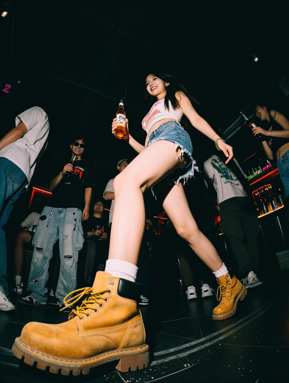beautiful woman holding a beer blue jean shorts frayed 1girl photo from waist down, yellow construction boots, club scene background