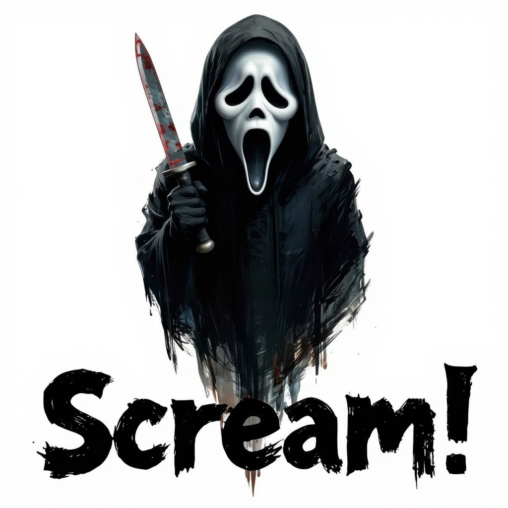 (No humans) Floating on a White Background, A Ghostface Mask and black hooded cloak, a bloodied knife. Title: "Scream!"