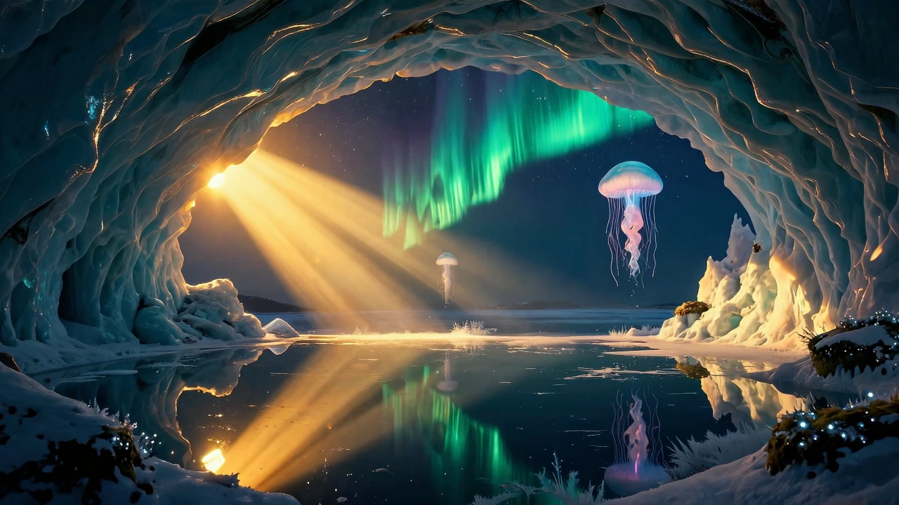 Imagine a hidden celestial sanctuary where the aurora borealis retreats during the endless daylight of Arctic summer—a vast cavern of pale blue glacial ice suspended above a still obsidian lake, its ceiling embedded with dormant ribbons of green and 