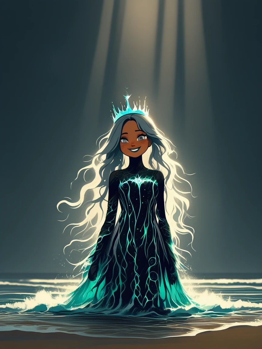 A stunningly beautiful young woman with sensual grey eyes full crimson lips and lustrous wavy silver hair. She wears a shy smile. She wears an enchanted dress made of liquid water that accentuates her sleek lithe and curvaceous form. She wears a crow