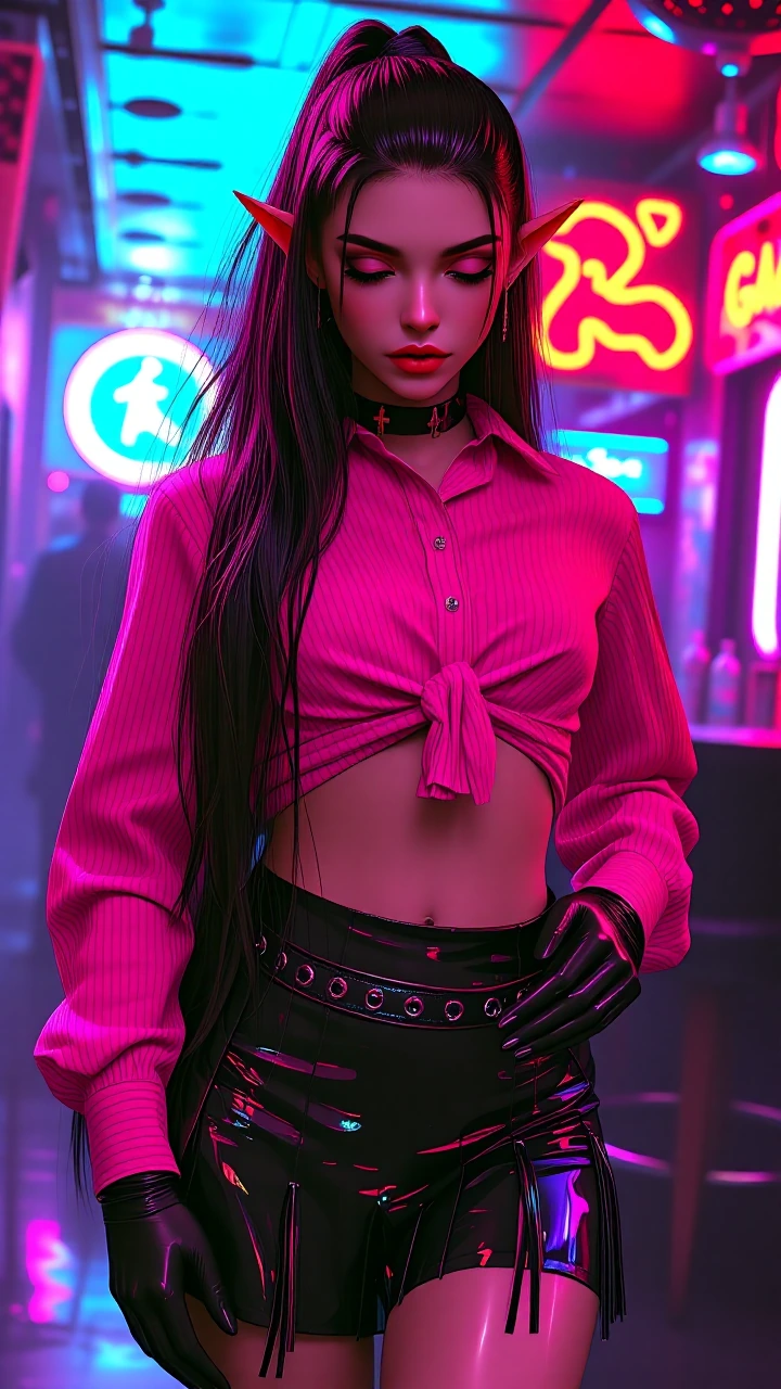 Portrait of a confident, alluring female elf in a neon nightclub, threequarter waistup view, slightly tilted head and eyes closed with a sensual, selfassured expression. Long glossy black hair cascading over shoulders, pointed ears, starshaped and cr
