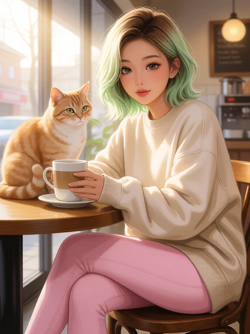 Realistic, airbrushed manga illustration of a woman with a cat, light green, light tan, light pink in a cozy cafΓ©, enjoying the early morning. Light green tips on her hair. She wears an oversized sweatshirt and leggings.