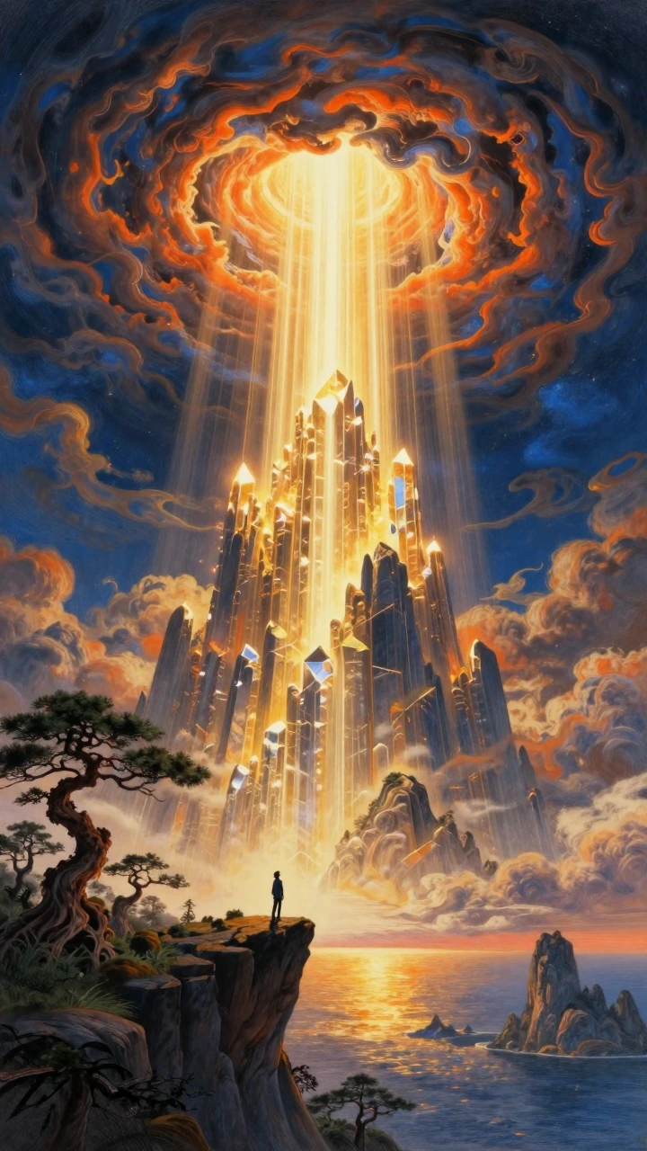 Ultra-detailed cinematic fantasy landscape, massive glowing crystalline mountain peak reaching into the heavens, powerful golden-white light beams bursting from the summit like a divine portal, dramatic fiery orange and deep blue swirling clouds, sta