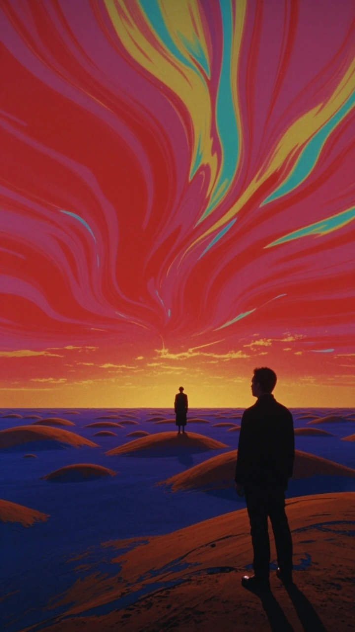 Film still with vivid expressionistic color, wide cinematic aspect ratio, depicting two figures in a surreal landscape bathed in saturated multicolored light: in the right foreground a man in dark civilian clothes stands in near-silhouette, face turn