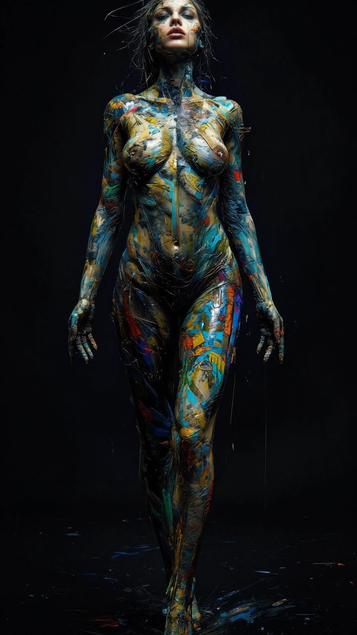 Hyper-detailed dramatic futuristic portrait of against a pure solid black background. A full length image of a nude woman covered in thick swaths of colorful oil paint. Striking high-contrast lighting with bright highlights and deep shadows, powerful