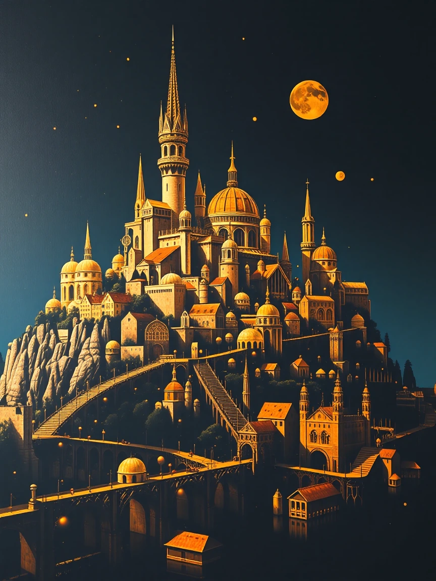 A giant black canvas with a golden lakeshire inspired city