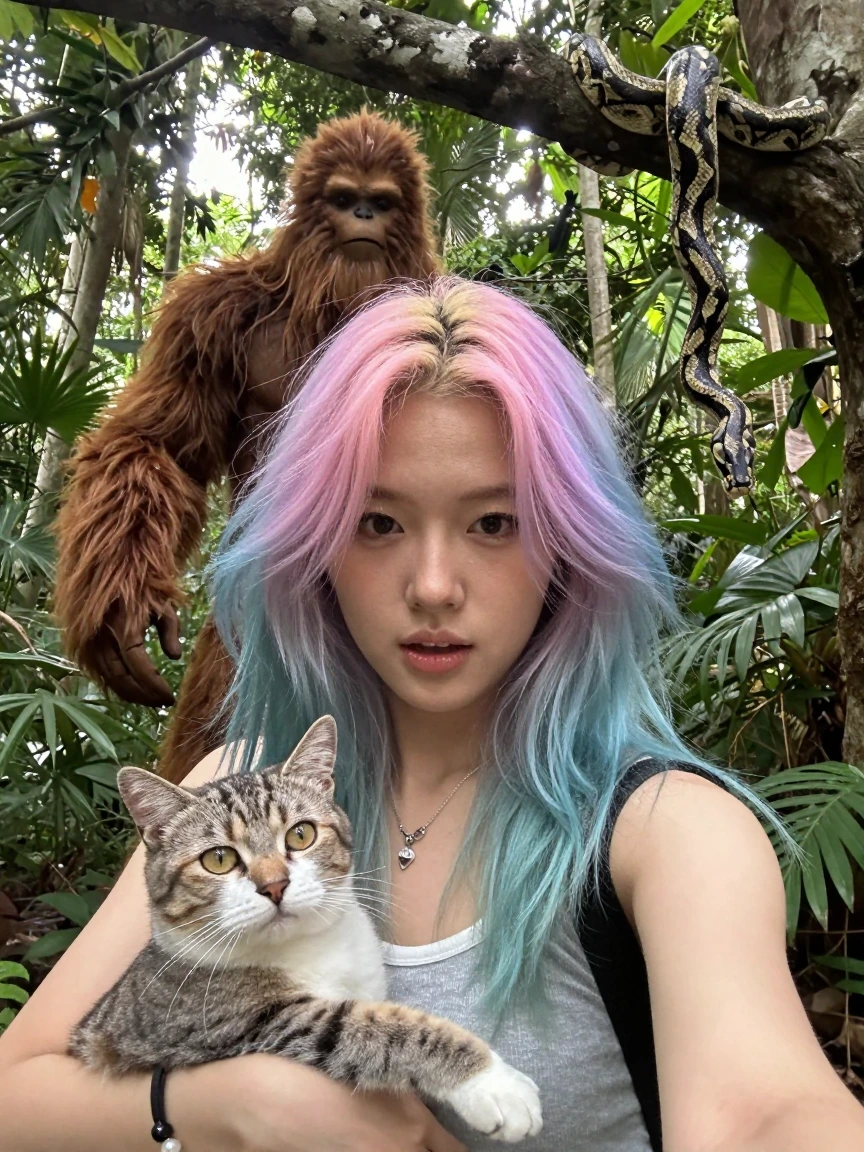 Crazy girlfriend pastel hair taking a selfie with her cat and Bigfoot. She is in a tropical forest and we see a python dangling from a tree right above her head.