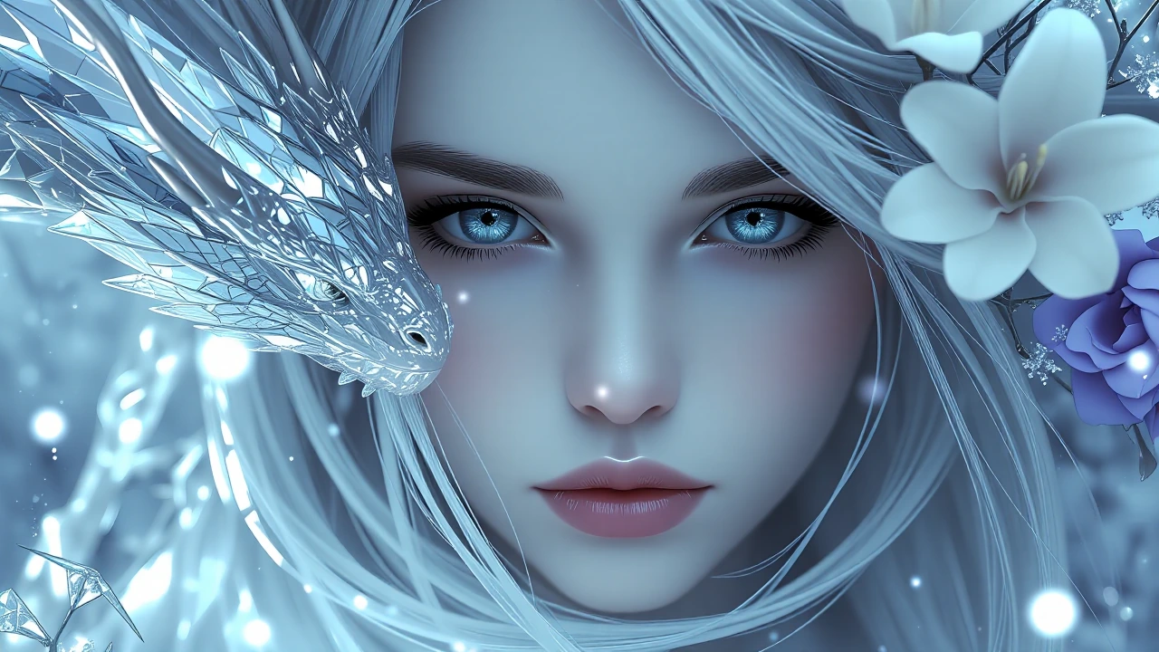 (masterpiece), best quality, expressive eyes, perfect face, A breathtaking fantasy portrait of an ice princess with luminous porcelain skin, icy blue eyes, pale frosted lips, and long silver-white hair flowing like frozen mist. Her face fills most of