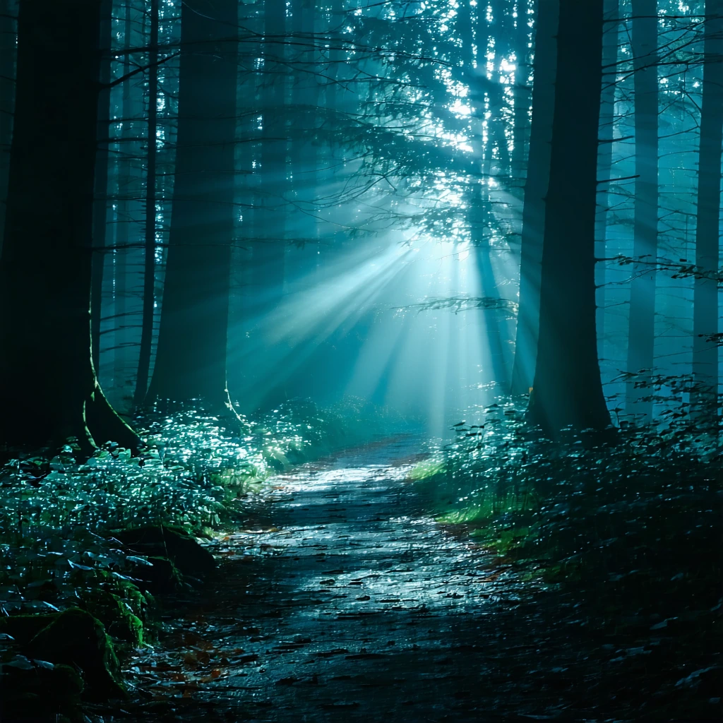moody atmospheric dreamscape: misty forest path with single beam of light