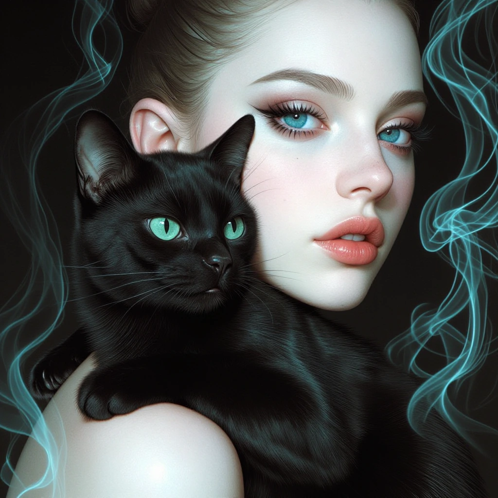 Close-up portrait of an elegant woman with pale skin and dramatic makeup, a sleek black cat draped across her shoulders dissolving into smoke and shadow, surreal fine art photography with deep jewel tones