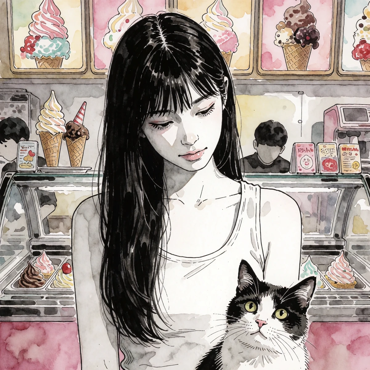 Woman, long black hair with bangs going down one side of her face, with her cat at an ice cream shop. Realistic illustration ink outlined watercolor