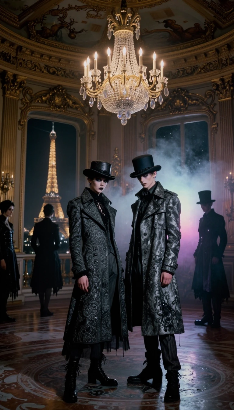 An atmospheric and very trendy photograph taken inside a sumptuous, gilded Baroque hall in Paris. A large, richly decorated crystal chandelier hangs from the ceiling, casting a warm, sepia-toned light on the intricate, detailed gilded mouldings and f