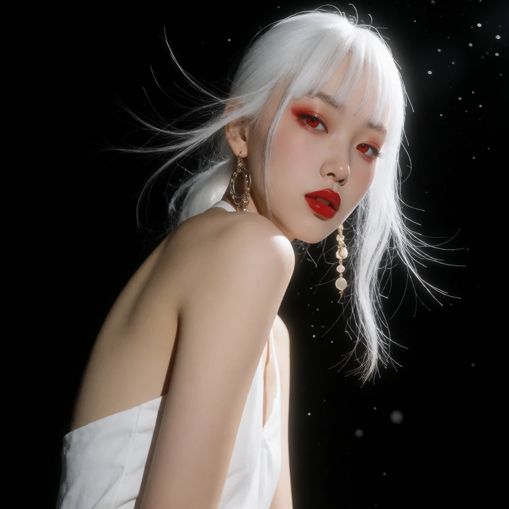 1woman solo, asian, arched back, detailed eyes, parted lips, bob cut, white hair, single hair streak, floating hair, thick eyebrows, eyelashes, thick 