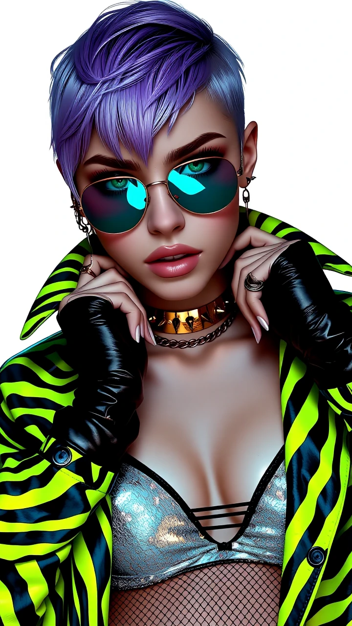 close-up fashion portrait, edgy woman, rebellious pose with hands adjusting collar, choppy lavender pixie cut, shaved side, braided accents. smokey neon-green eyeshadow, glossy lid, winged liner, hazel eyes behind reflective silver aviators. pale nud