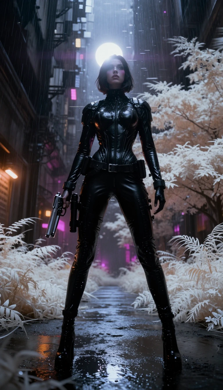 Low-angle full-body shot of a futuristic female operative standing in a rain-slicked cyberpunk alley. She is wearing a high-gloss black latex tactical