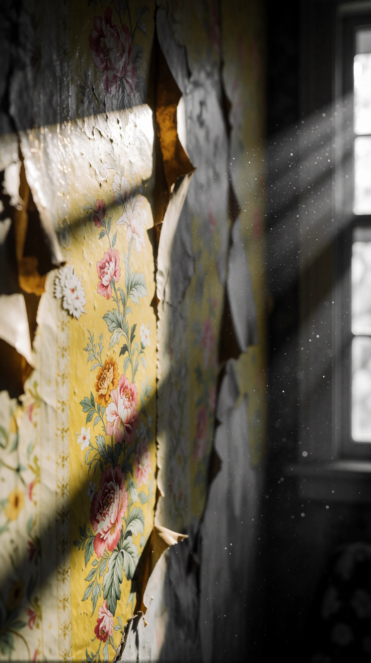 Medium closeup, shallow depth of field on faded floral wallpaper peeling at edges, shot on Kodak Vision3 50D with anamorphic lens. Warm practicals bleeding from offframea lamp casting long shadows across the wall. Dust particles suspended in volumetr