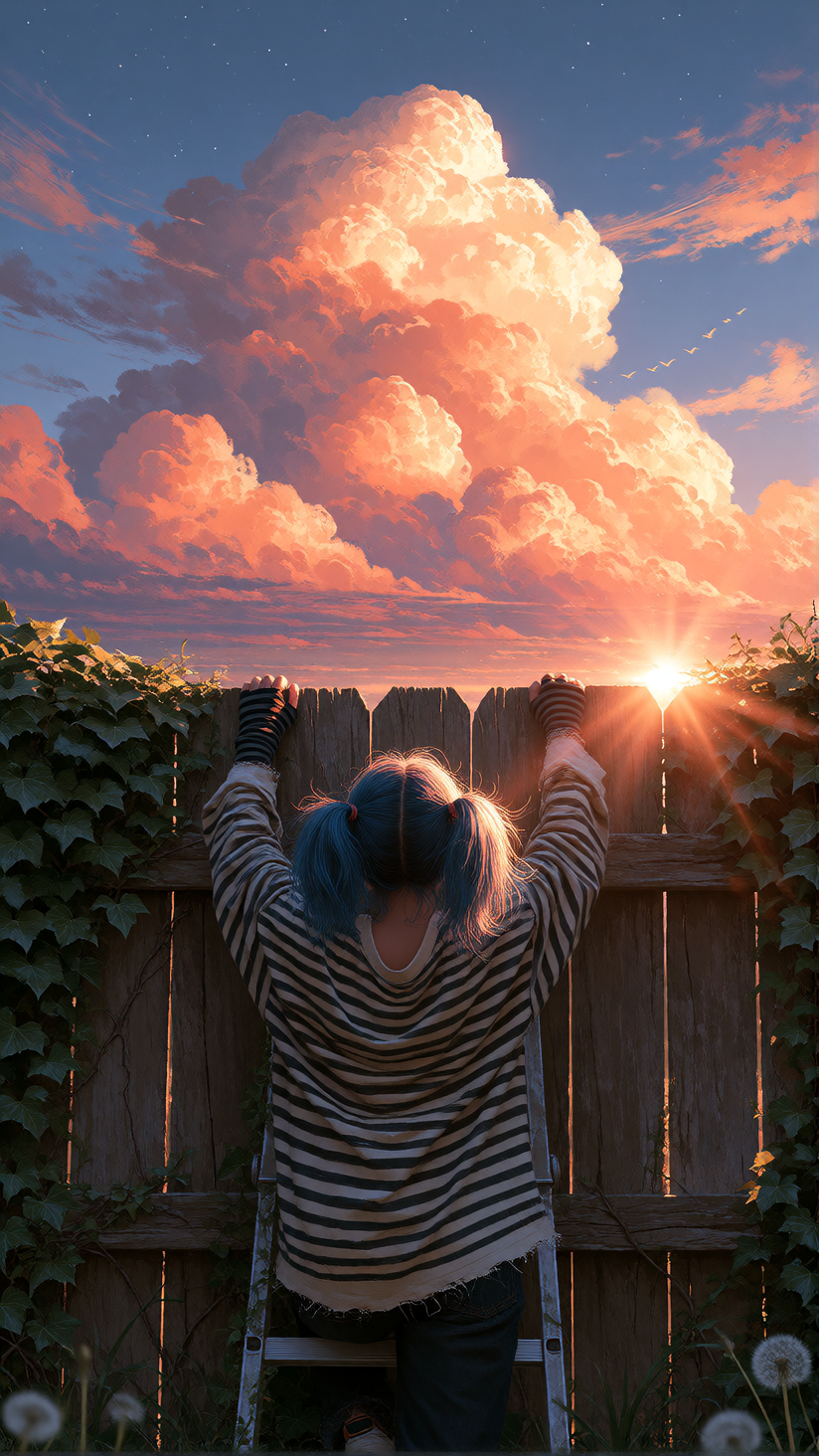 View from directly behind a young woman climbing a ladder against a weathered wooden backyard fence, symmetrical composition, the top edge of the fence running horizontally across the exact middle of the frame, cutting the image in half. Upper half: 