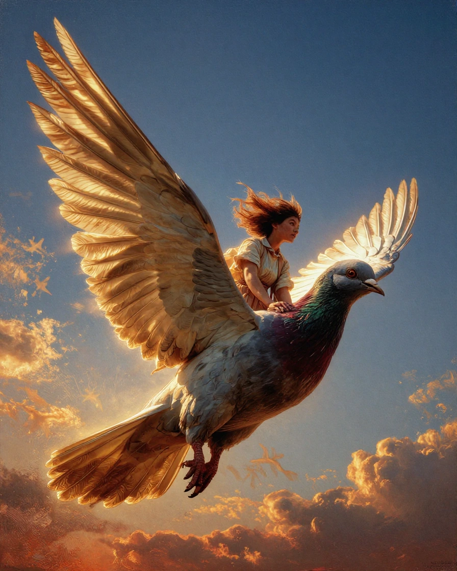 A person perched sidesaddle on a giant pigeon in flight, shot from below against a dramatic sky at golden hour—the bird's iridescent neck feathers catching warm light, wings spread wide and powerful, the rider's hair and clothes billowing in the wind